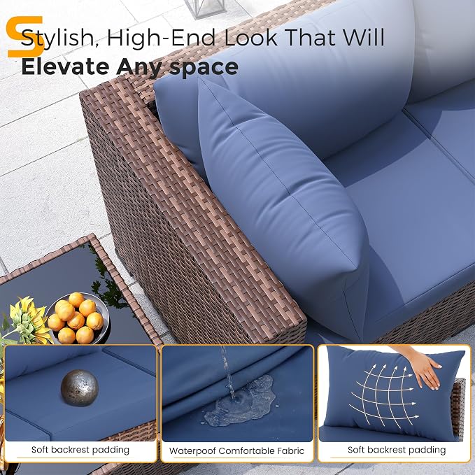 UDPATIO Patio Furniture Set Modular Outdoor Sectional 7 Piece Wicker Patio Set, Multiple Combinations Sectional Sofa w/Coffee Table, Navy Blue
