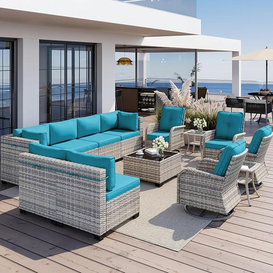 13-Piece Outdoor Patio Furniture Set with Rocking Swivel Chair, Wicker Rattan Sectional Sofa Conversation Set with Tempered Glass Table, Backyard Furniture, Turquoise