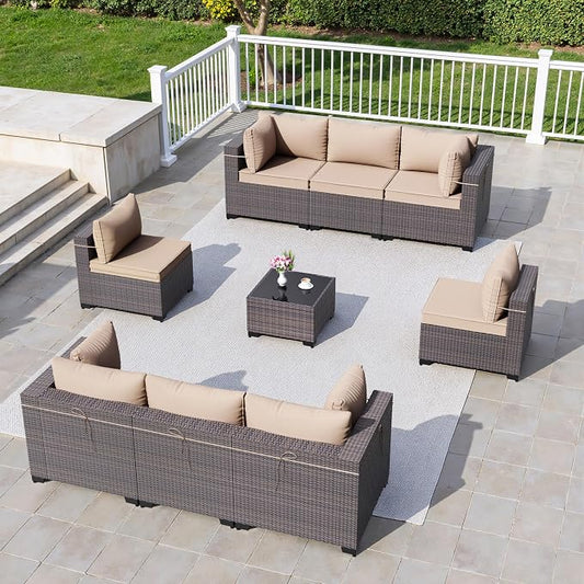 9 Pieces Outdoor Sectional Furniture All Weather PE Rattan Wicker Patio Conversation Set with Coffee Table and 8 Thickened Cushions,Sand