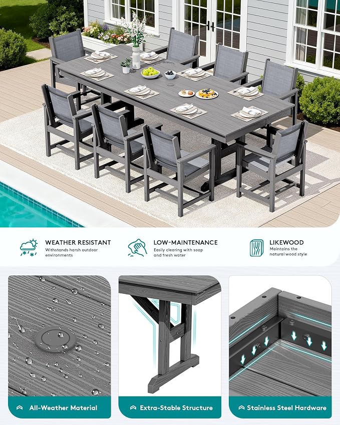 SERWALL 9 Piece Outdoor Dining Set, 84" HDPE Outdoor Large Table and Textilene Chairs for 8，All Weather Patio Dining Furniture Set with Umbrella Hole for Backyard, Garden, Gray