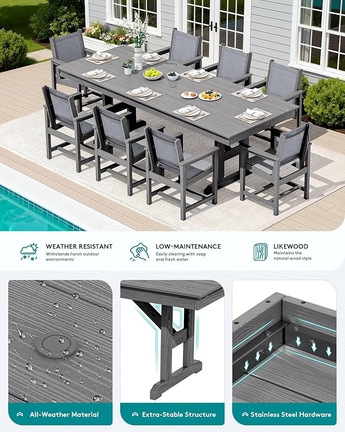 SERWALL 10 Piece Outdoor Dining Set with 15ft Triple-Head Foldable Umbrella(Based not Included), 84" HDPE Outdoor Large Table and Textilene Sling Chairs for 8, Gray