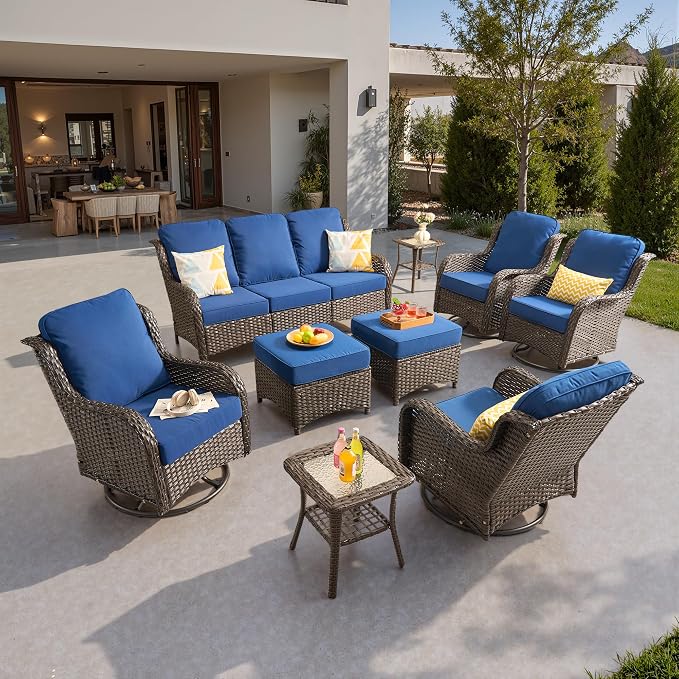ovios 9-Piece Patio Furniture Set with Swivel Chairs Side Table, Outdoor Wicker Sofa with Comfy Cushions, High Back Couch Modern Conversation Sets, Brown/Navy Blue