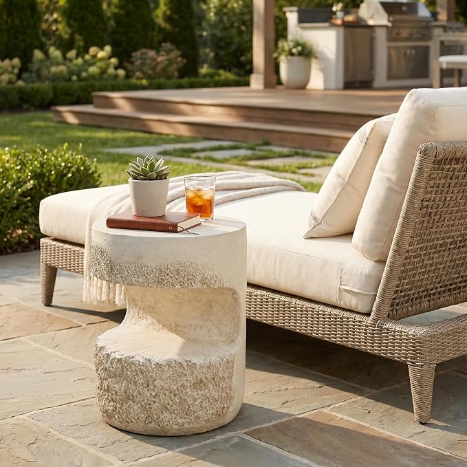Outdoor Side Table, Modern Organic MGO Accent End Table for Patio, Living Room, Beige Tone Travertine-Look Textured