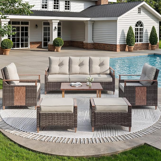 NestNook 6 Pieces Patio Furniture Set, Outdoor Conversation Set with All-Weather Handwoven PE Wicker Sofa, Rattan Chairs and Thick Cushion, Coffee Table & Ottoman for Backyard, Deck & Poolside, Beige
