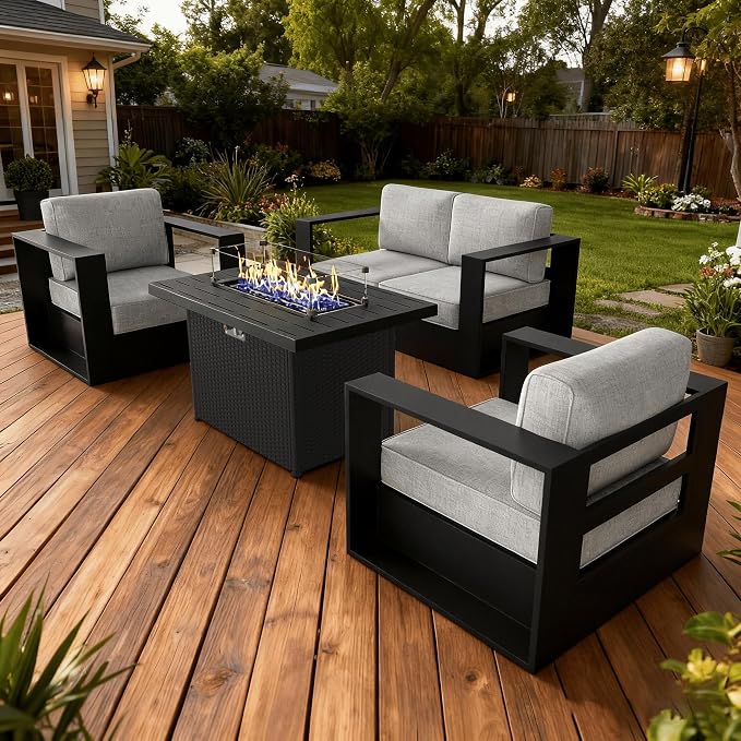LayinSun Oversized Aluminum Outdoor Furniture Set, 4 Piece Patio Sofa Sets with Fire Pit Table, Deep Seating and Upgraded 6-inch Cushions for Porch, Balcony, Deck