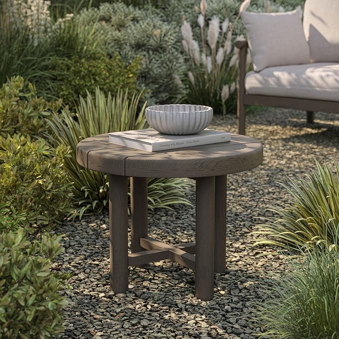 Modway Eleni 20-Inch Outdoor Teak Wood Side Table in Weathered Gray Teak – Round Patio End Table with Slatted Top for Patios, Decks, Or Gardens