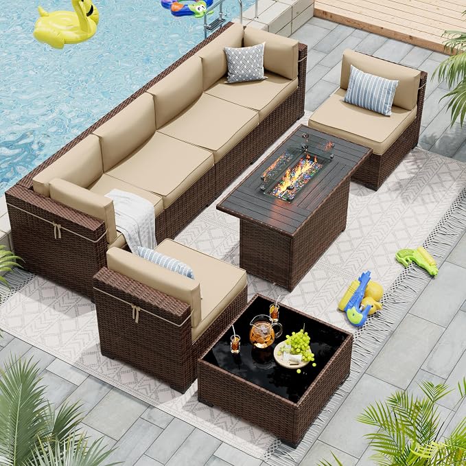 Patio Furniture Set with 44'' Propane Gas Firepit Table, 8 PCS Modular Outdoor Sectional Conversation Sets, All-Weather Wicker Patio Set for Backyard, Beige (Waterproof Covers Included)