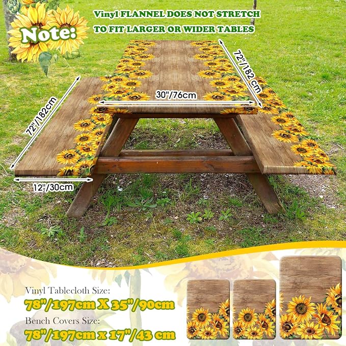 Boao 3 Pcs Vinyl Picnic Table Cover with Bench Cover 6 ft 30 x 72 Inch Waterproof Fitted Tablecloth Flannel Backing Rectangular Elastic Edged for Camping Outdoor Patio Travel(Retro Sunflower)