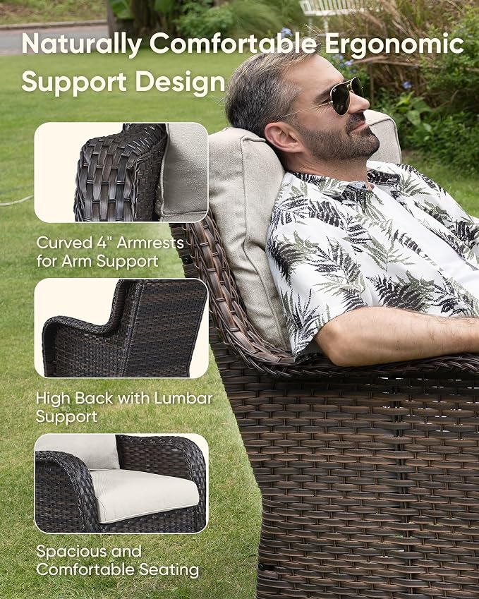HUMMUH 10 Pieces Patio Furniture Set with Fire Pit High Back Wicker Outdoor Furniture Set Swivel Rocker Chairs 3-Seater Couch for Porch,Deck,Backyard