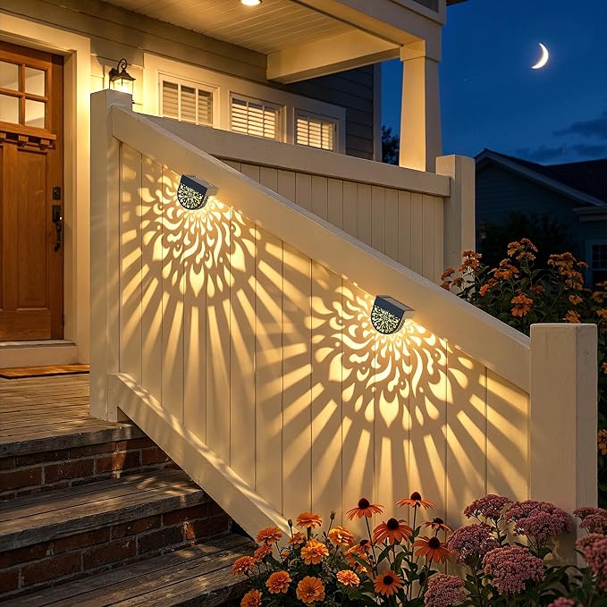 6 Pack Solar Fence Lights Wall lihgts Outdoor Decorations Solar Powered Step Deck Lights Warm Yellow Light Waterproof Decorative Lighting for Garden, Front Door, Backyard (Black)
