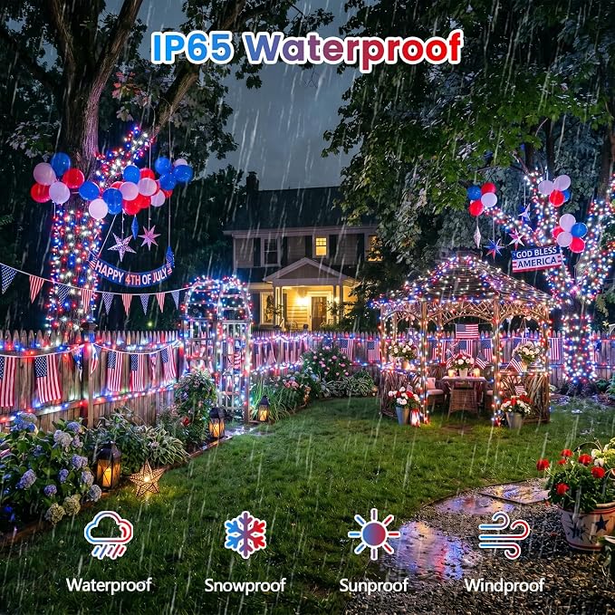 KAQ 2pack 500LED Solar String Lights Outdoor Waterproof Red White Blue | Total 180FT Flexible Wire With Bright LEDs, 8 Twinkle Modes with Memory, Auto On/Off Easily Decorates Trees, Fences, Garden