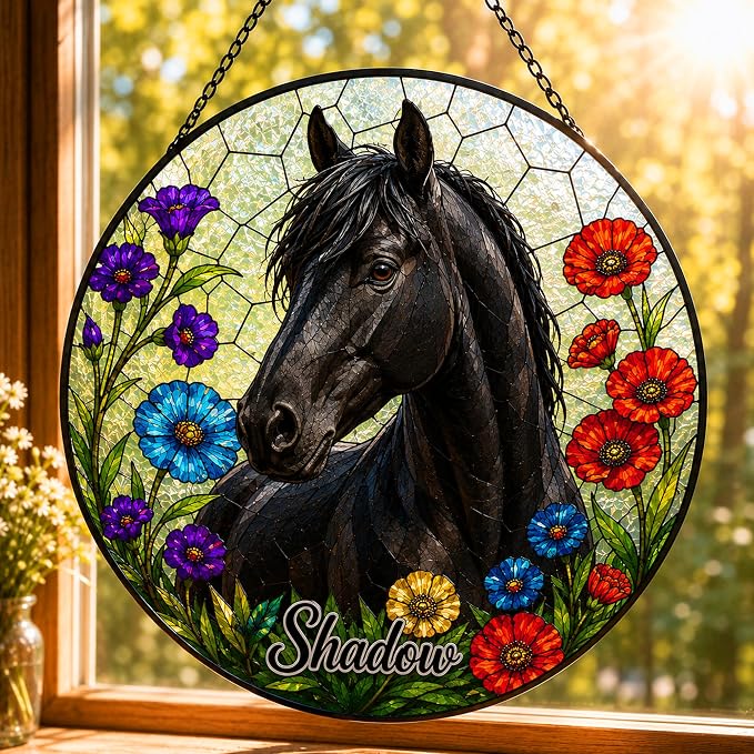 Personalized Vintage Horse Stained Glass Suncatcher - Custom Photo Name Round Window Hanging Panel Portrait Plaque Equestrian Farm Decor Christmas Birthday Gift for Horse Lovers