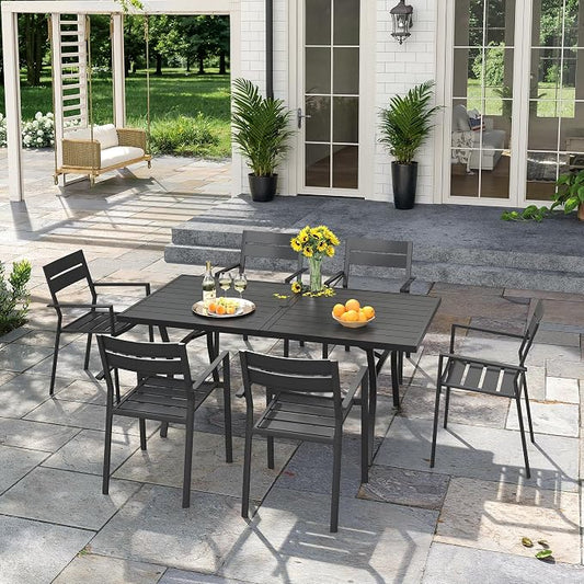 VICLLAX Patio 7 Pieces Outdoor Dining Set for 6, 63" Outdoor Rectangular Metal Dining Table with Umbrella Hole, 6 Stackable Chairs for Lawn, Garden, Porch, Black