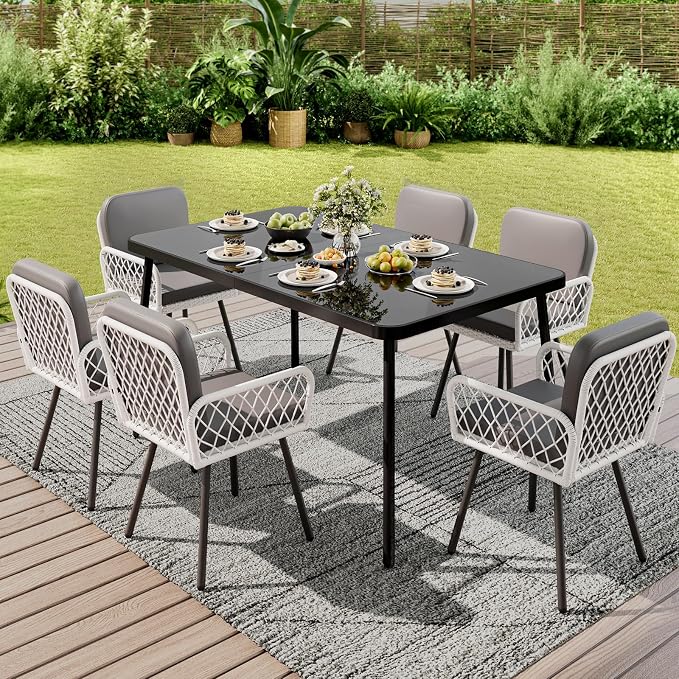 GarveeLife 7 Piece Patio Dining Set, Outdoor All-Weather Wicker Furniture with Table, Patio Conversation Sets with Cushions for Balcony, Garden, Sunroom, Porch