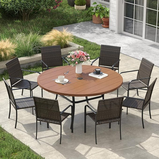 VICLLAX 9 Pieces Patio Dining Set, 8 Stakable Wicker Outdoor Chairs and 53" Patio Round Metal Table with Umbrella Hole for Backyard Lawn Deck, Walnut Tabletop