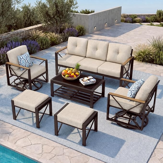 6 Piece Aluminum Patio Conversation Set, Outdoor Metal Furniture Set w/Rocking Swivel Chairs, Balcony Sectional Furniture Set with Coffee Table, Thick Cushions for Backyard, Poolside, Beige