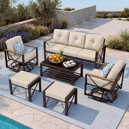 6 Piece Aluminum Patio Conversation Set, Outdoor Metal Furniture Set w/Rocking Swivel Chairs, Balcony Sectional Furniture Set with Coffee Table, Thick Cushions for Backyard, Poolside, Beige