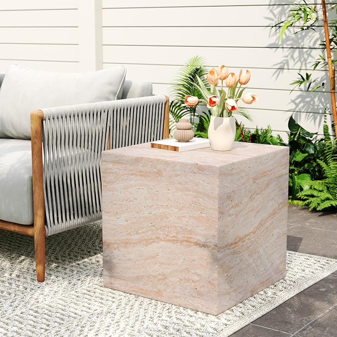 Outdoor Side Table 22" Square Shape Concrete Side Table, Patio Tables for Outside Decorative Garden Stools, No Assembly Accent Table for Patio Porch Living Room, Beige