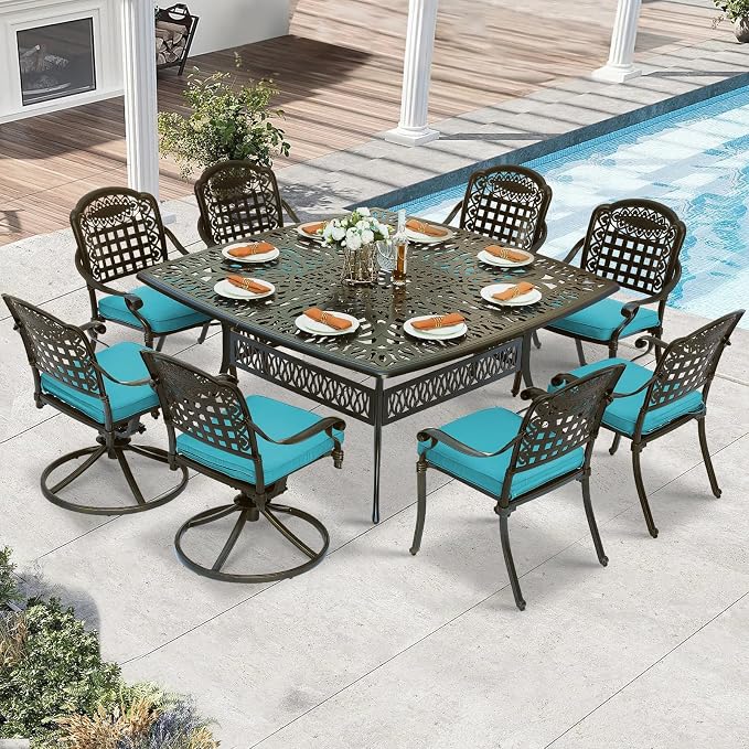9 Piece Outdoor Patio Dining Set for 8, Cast Aluminium Large Square Dining Table & 2 Swivel Rocker Chairs, 6 Stationary, 8 Cushions, Umbrella Hole, Patio Furniture Set for Garden, Ocean Blue
