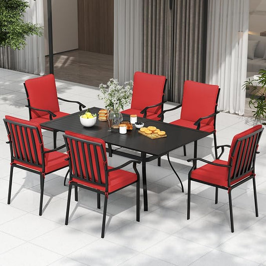 7 Piece Outdoor Patio Dining Set, 62’’ Rectangular Metal Dining Table with Umbrella Hole & 6pcs Outdoor Metal Dining Chairs, Outdoor Furniture Dining Set for Patio, Balcony, Lawn, Garden, Backyard