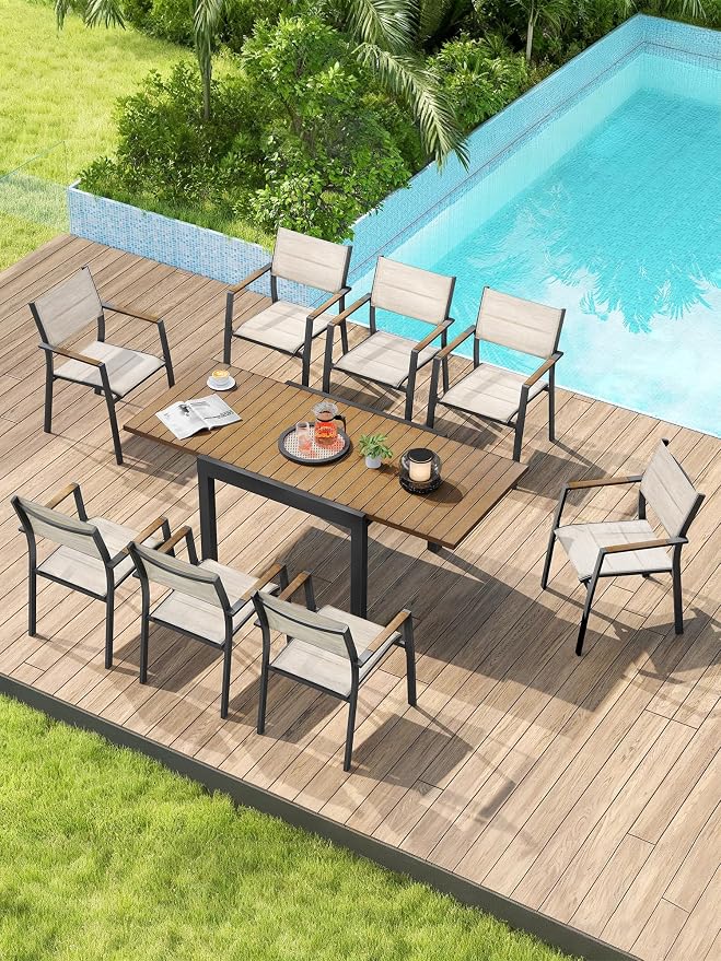 9-Piece Outdoor Dining Set, Never-Rust Aluminum Extendable Dining Table Set, Expandable Dining Table and 8 Double-Layer Textilene Dining Chairs, Patio Dining Set for Porch, Yard, Deck, Teak