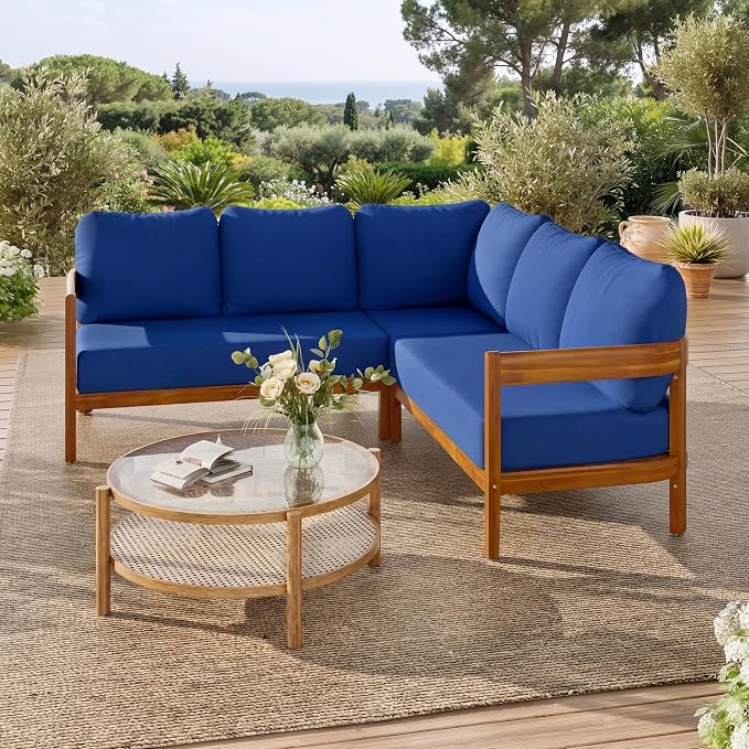 Acacia Wood L-shaped Outdoor Corner Sofa, Patio Conversation Furniture Set With 6 Soft Seat Cushions and Backpack , All Weather Outdoor Patio Sofa with Arc frame for Backyard, Garden (Blue-3.20)