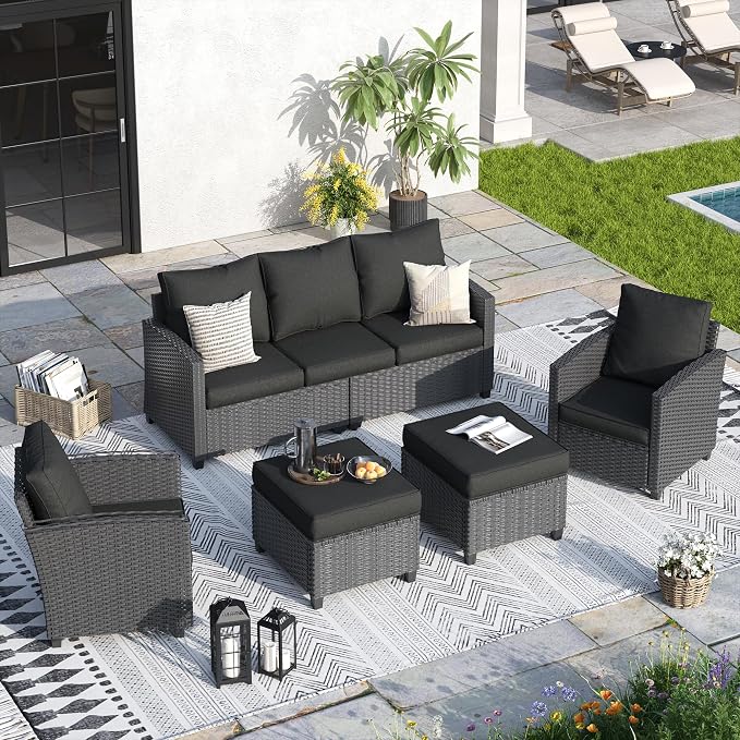 Outdoor Furniture Set, 5 Pcs Wicker Patio Couch with Chairs, Ottomans and Thick Cushions, All Weather Wicker Rattan Patio Conversation Set.Black