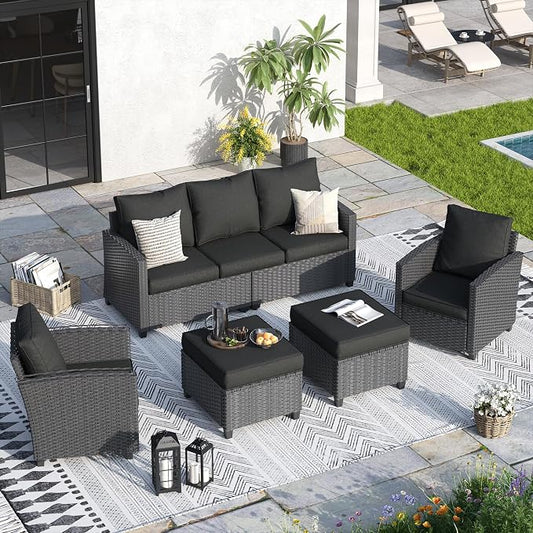 Outdoor Furniture Set, 5 Pcs Wicker Patio Couch with Chairs, Ottomans and Thick Cushions, All Weather Wicker Rattan Patio Conversation Set.Black