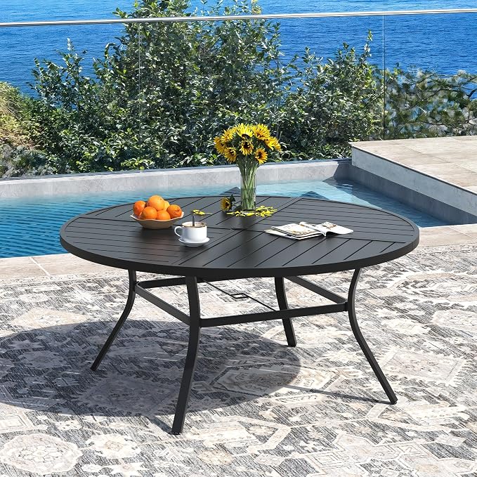 DIFY 9 Pieces Outdoor Patio Dining Set for 8, 53.1" Black Round Metal Dining Table and 8 Blue Stackable Textilene Patio Chairs, Outdoor Table and Chairs for Backyard Garden Poolside