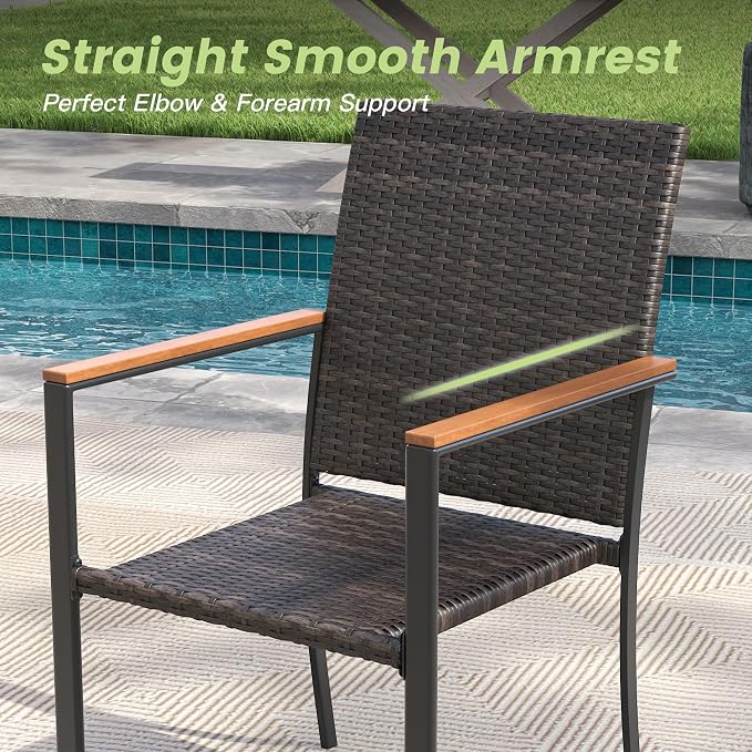 Patio Dining Set for 4, 40.2" Square Metal Table with Umbrella Hole and Stackable Wicker Patio Chairs, Outdoor Furniture Set for Deck Backyard Garden, Walnut Chairs, Walnut Table