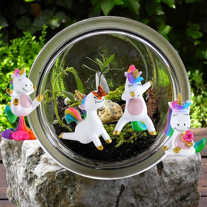 Mood Lab Fairy Garden Figurines - Yoga Unicorn Set (4 pcs) - Miniature Decorative Statues & Accessories - Outdoor & Indoor Garden Decor