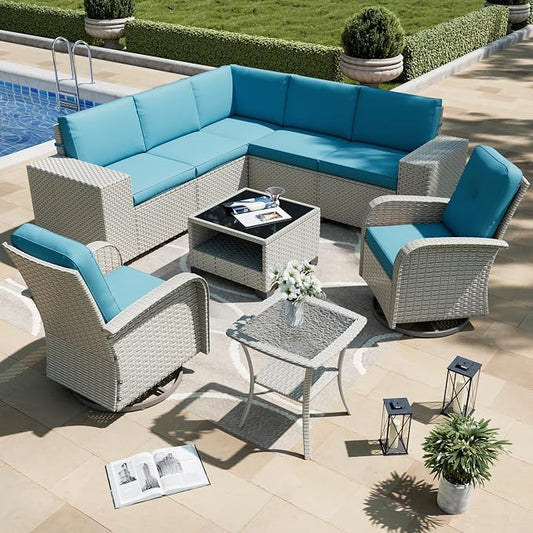 9-Piece Outdoor Patio Furniture Set, Modular Sectional Sofa Set with Swivel Rocker Chairs, Wicker Outdoor Couch Conversation Sets w/Coffee Table and Cushions, Turquoise