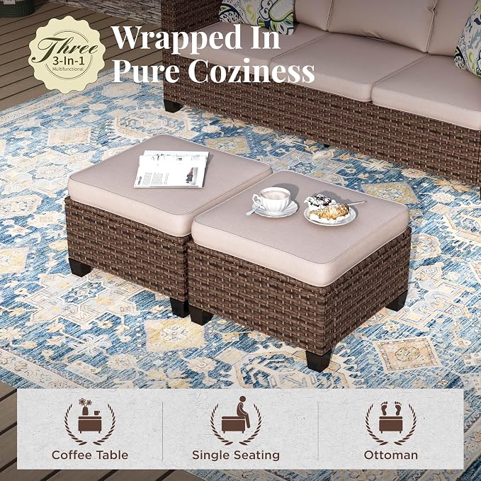 MIXPATIO Swivel Glide Outdoor Patio Furniture Set, 6 Pcs Wicker Patio Conversation Set, 2 x Swivel Chairs, 1 x 3 Seater Sofa and 2 x Ottomans with 4" Thick Cushions and 56" Fire Pit Table, Beige