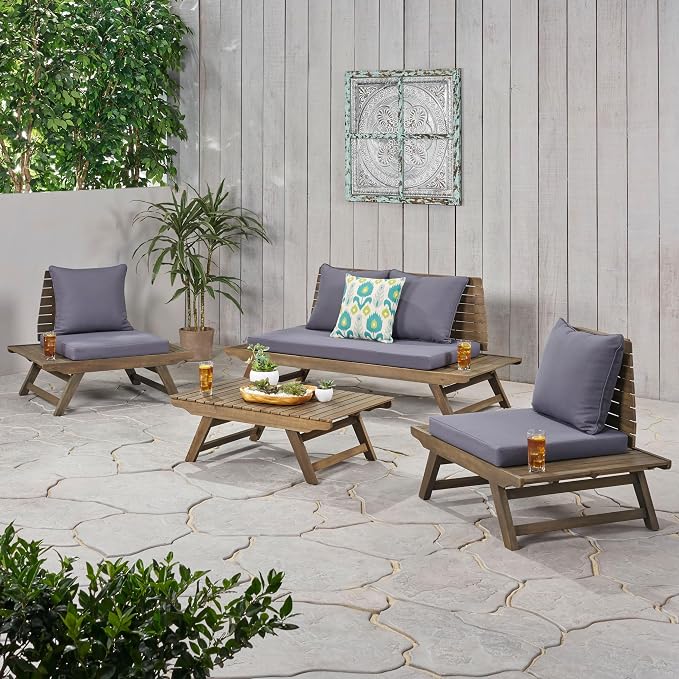 Christopher Knight Home Outdoor Acacia Wood 4 Seater Chat Set, Gray and Dark Gray