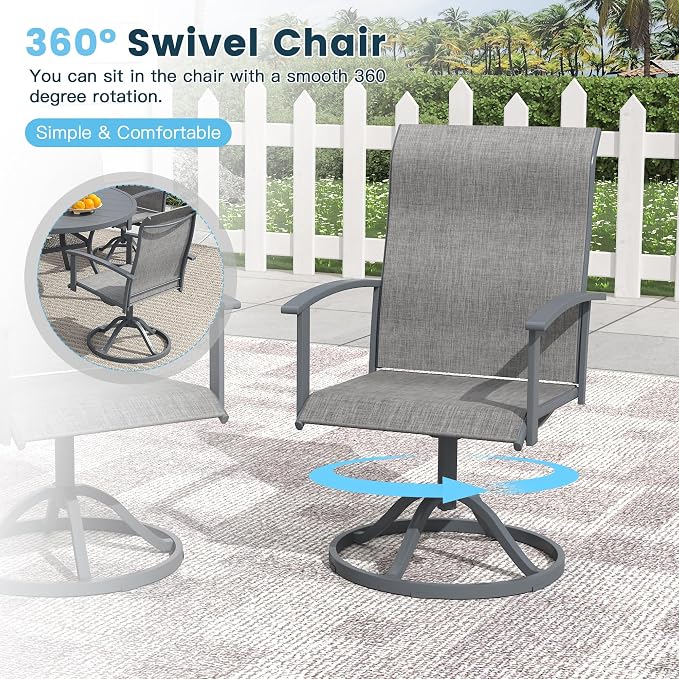 9 Pieces Outdoor Patio Dining Table Set, 63" All Weather Round Metal Table with Umbrella Hole and 8 High Back Textilene Swivel Chairs for Garden, Lawn, Poolside, Grey