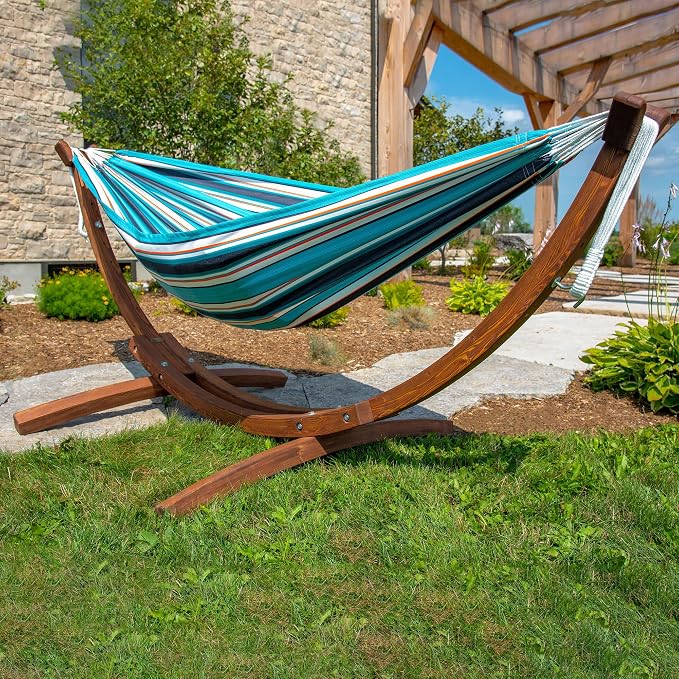 Vivere Double Sunbrella Hammock with Solid Pine Arc Stand - 450 lb Capacity, Durable FSC Wood Frame, Includes Hardware & User Guide - 450 lb Weight Capacity (Token Surfside)