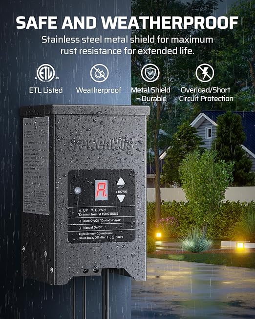 DEWENWILS 200W Weatherproof Low Voltage Landscape Lighting Transformer, 120V to 12/15V AC, Metal Low Voltage Landscape Transformer with Photocell & Timer, Multi Zone Landscape Lighting Transformer