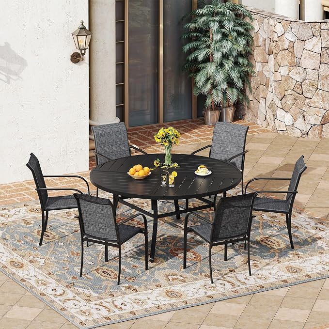 VICLLAX 7 Pieces Patio Outdoor Dining Set, 50" Round Metal Table with Umbrella Hole and 6 Stackable Textilene Chairs for Patio, Lawn, Garden, Porch, Black/Grey
