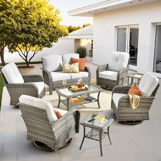 ovios 8-Piece Patio Furniture Set, Outdoor Wicker Sofa with Swivel Chairs Coffee Table, High Back Rattan Couch Loveseat with Comfy Cushions for Porch Yard Deck, Grey