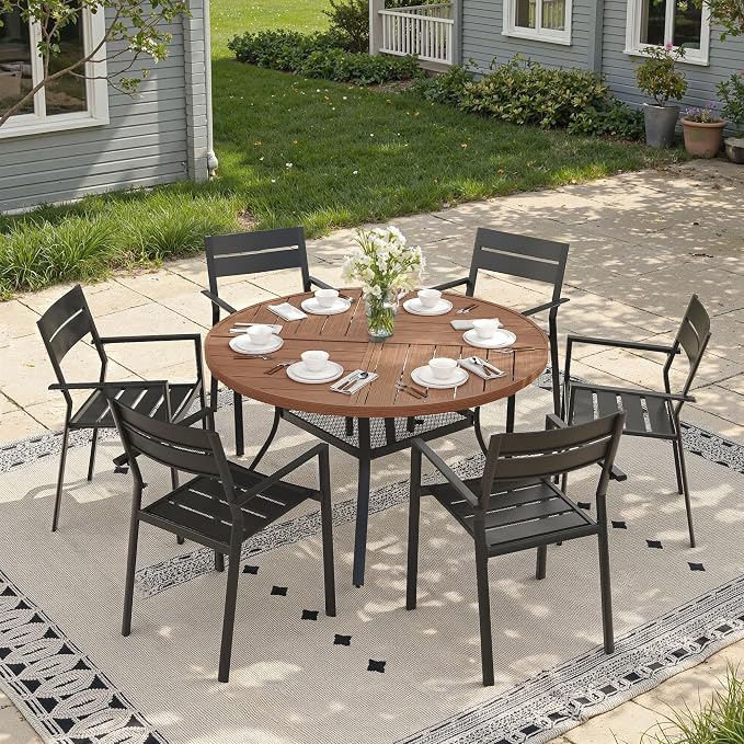 47.2" Outdoor Dining Table with Adjustable Umbrella Hole, Metal Slatted Round Patio Dining Table for Backyard Garden Deck, Walnut