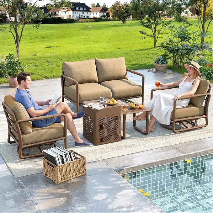 Outdoor 4-Seat Conversation Set with 2 Swivel Rocking Chairs, 45000 BTU Fire Pit Table & Glass Wind Guard - Brown