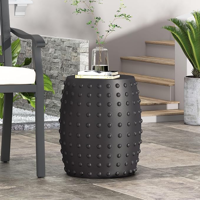 Outdoor Side Table 15.5" Drum Shape Lightweight Concrete-Look Outdoor Indoor Accent Table Decorative Garden Stools, for Patio Porch Living Room, Black