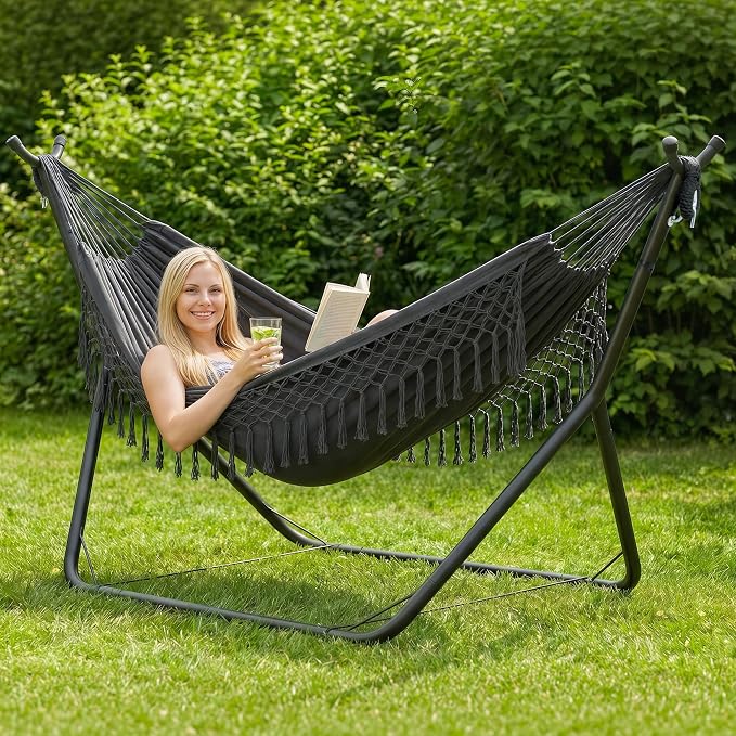 ANOW Double Space Saving Hammock with Stand, Dark Gray with Tassels | Height Adjustable, Portable, Heavy-Duty Steel Stand, Indoor Outdoor Use, 475 Lbs Capacity