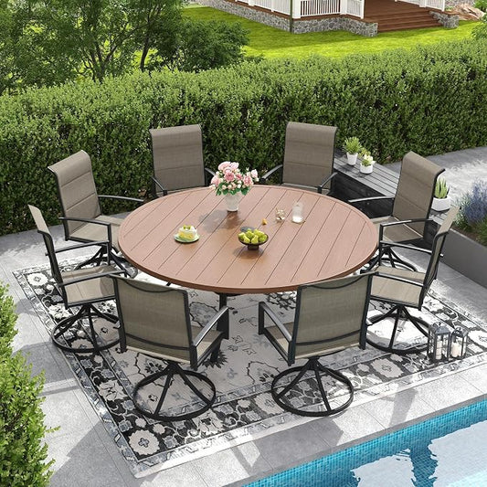 DIFY 9 Piece Outdoor Patio Dining Set for 8, 63" Walnut Round Metal Dining Table and Swivel Patio Chairs with Brown Padded Textilene, All-Weather Outdoor Furniture Set for Garden Backyard Porch