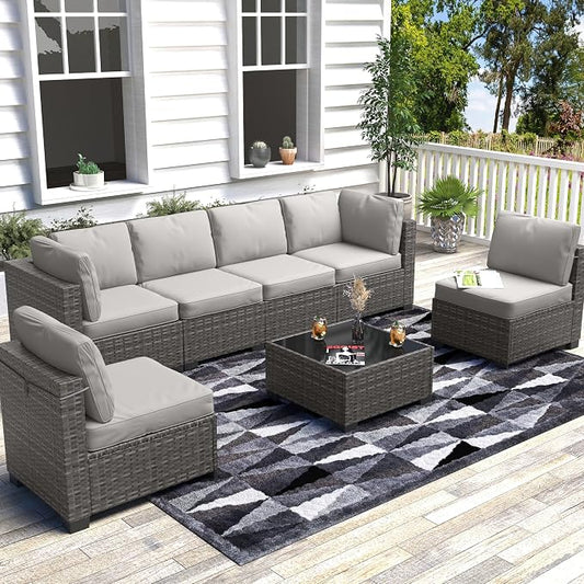 Garvee Patio Furniture Set, 7-Piece Outdoor Couches for Patio, Wicker Sectional Sofa with Coffee Table & Cushions