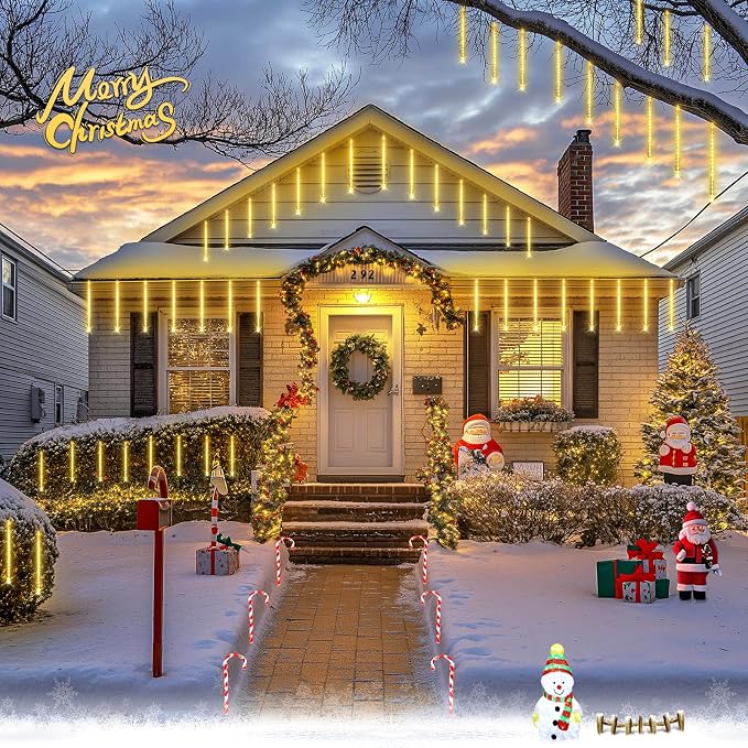 JMEXSUSS Solar Meteor Shower Lights Outdoor, 8 Tube 144 LEDs | Warm White Solar Christmas Lights for Tree Eave Xmas Holiday Party Patio House Wedding Decor