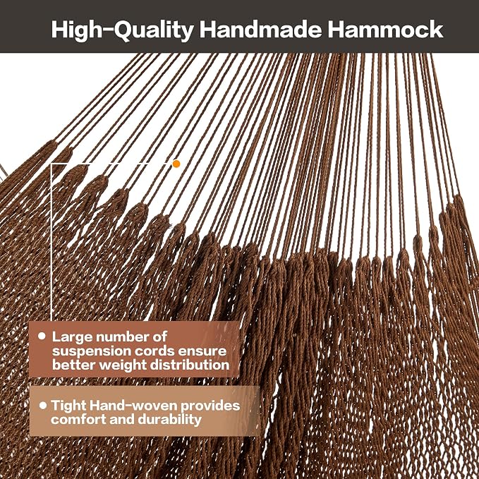 CHULIM Handwoven Mayan Hammock with 10ft Tree Straps, 550lbs Capacity Soft Rope Double Hammock, Portable Outdoor Hammock with Carry Bag for Camping Backyard Beach - Coffee