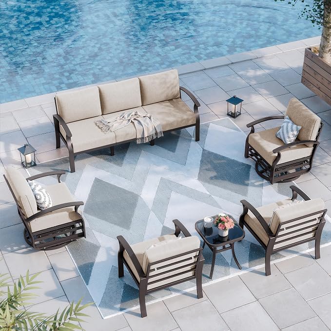 Kurapika Aluminum Patio Furniture Set 7-Seat Modern Metal Outdoor Conversation Sets w/Swivel Rocking Chairs Patio Sectional Sofa w/5.1 Inch Cushion, Sand