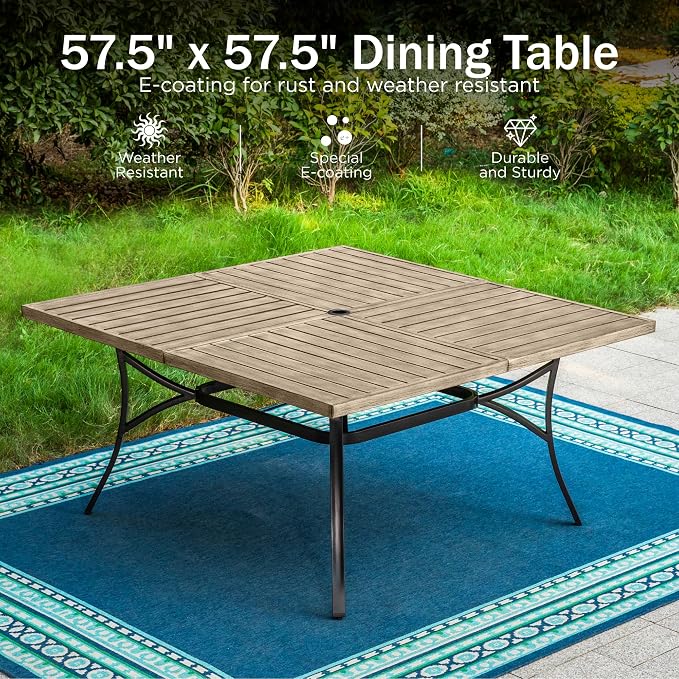 PHI VILLA 9 Pieces Outdoor Dining Set for 8, 57” Wood-Like Large Square Metal Steel Dining Table & Rattan Wicker Chairs with Cushions, Dining Furniture Set for Patio, Deck, Yard, Porch