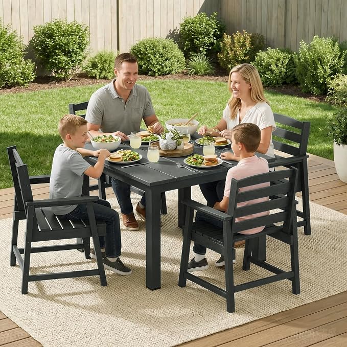 LOUNZY 5 Piece Outdoor Dining Set for 4, Patio Table and Chairs Set, Black | 4 person HDPE outdoor dining table set, 304 stainless steel, weather resistant up to 10 years, low maintenance patio set